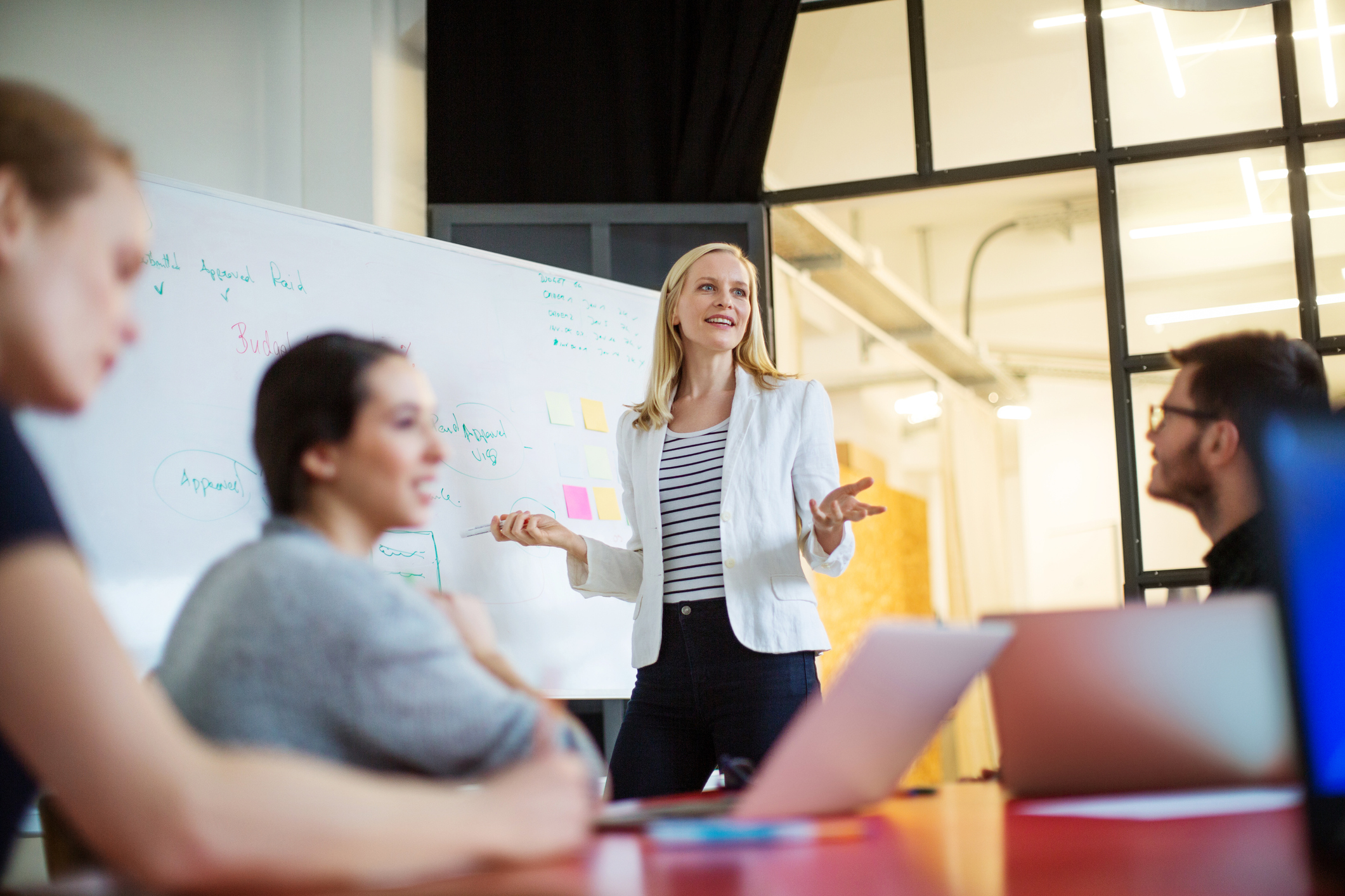 Businesswoman giving presentation on future plans to colleagues Werte
